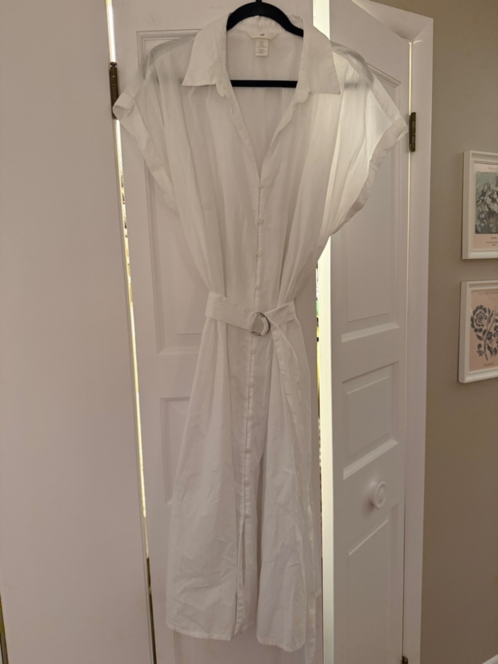 H&M White Cotton Shirt Dress Belted Midi Minimal Buttons Capsule Wardrobe Size L - Picture 5 of 7